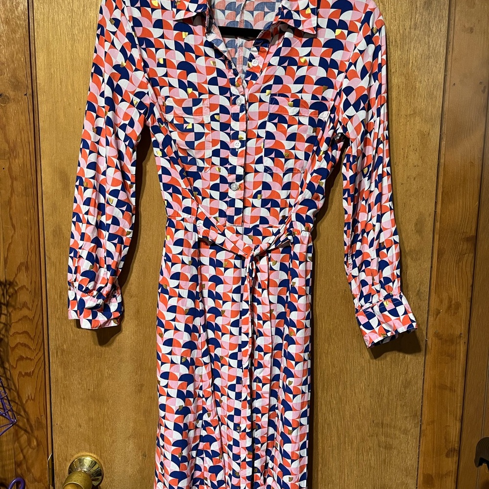Pink and Blue Long Sleeve Wrap Dress with V-Neck